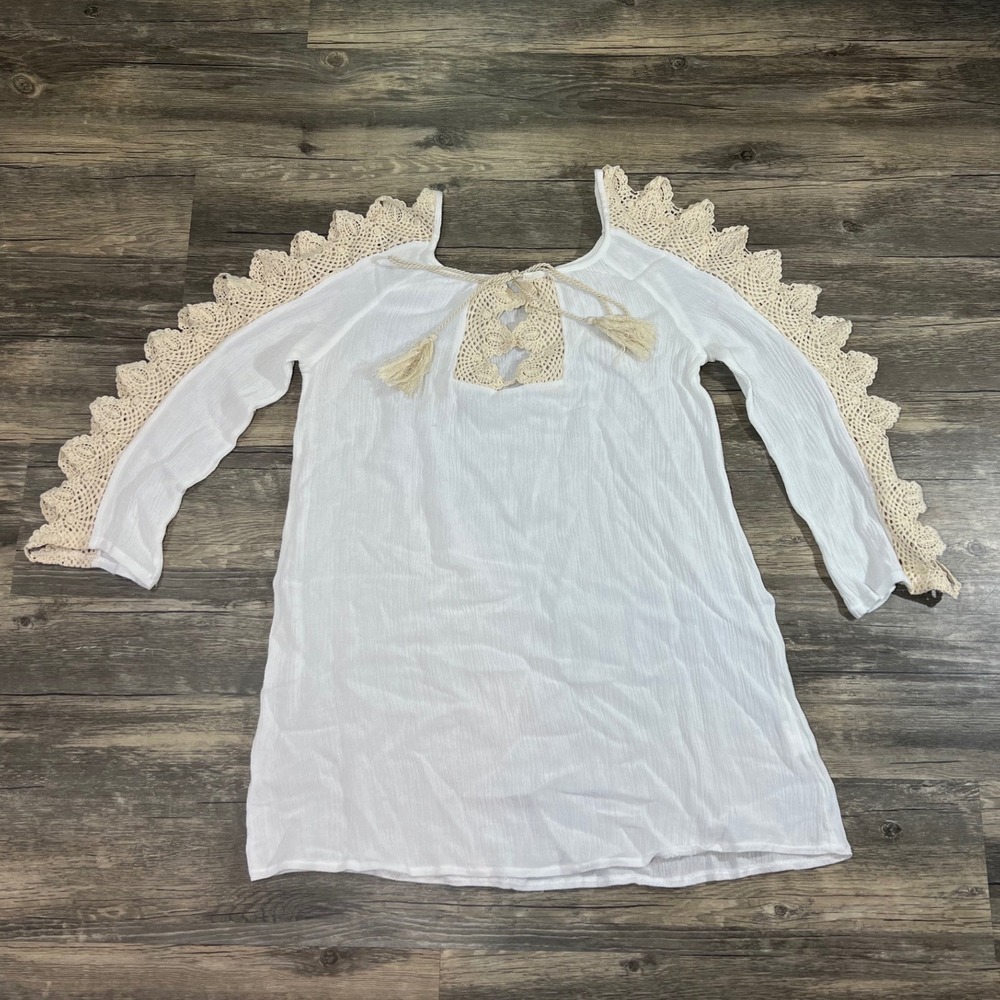 Boho White Crochet Lace Peasant Top Women's Rayon Tassel Tie Festival Small
